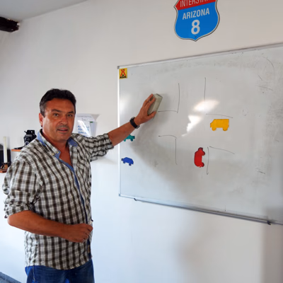 Jiří Hanes explaining a junction on the whiteboard